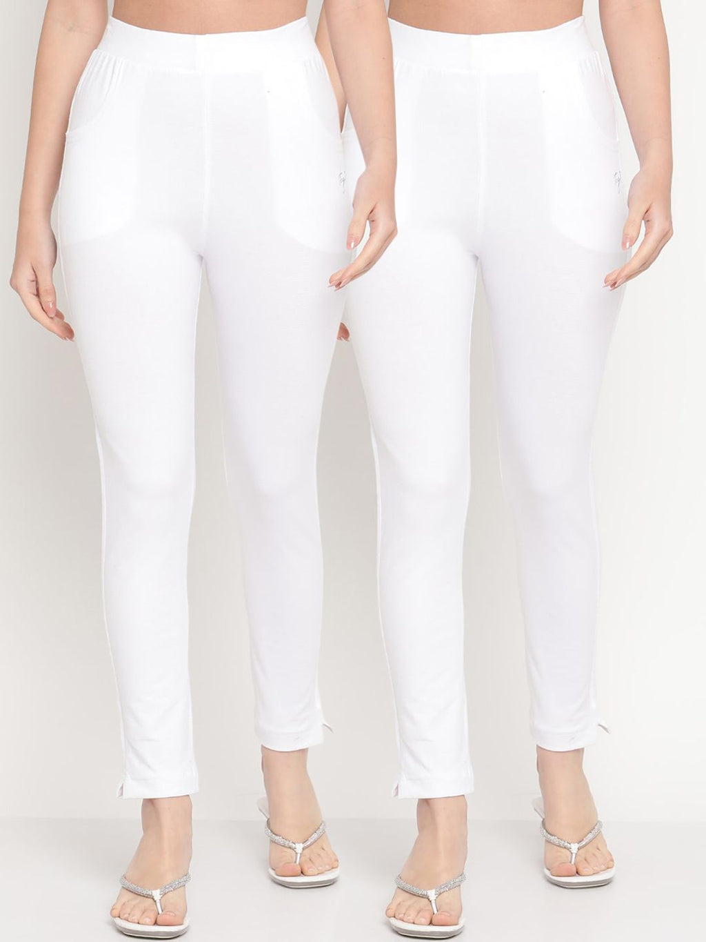TAG 7 Women White Set of 2 Solid Ankle Length Cotton Leggings | Grocsy