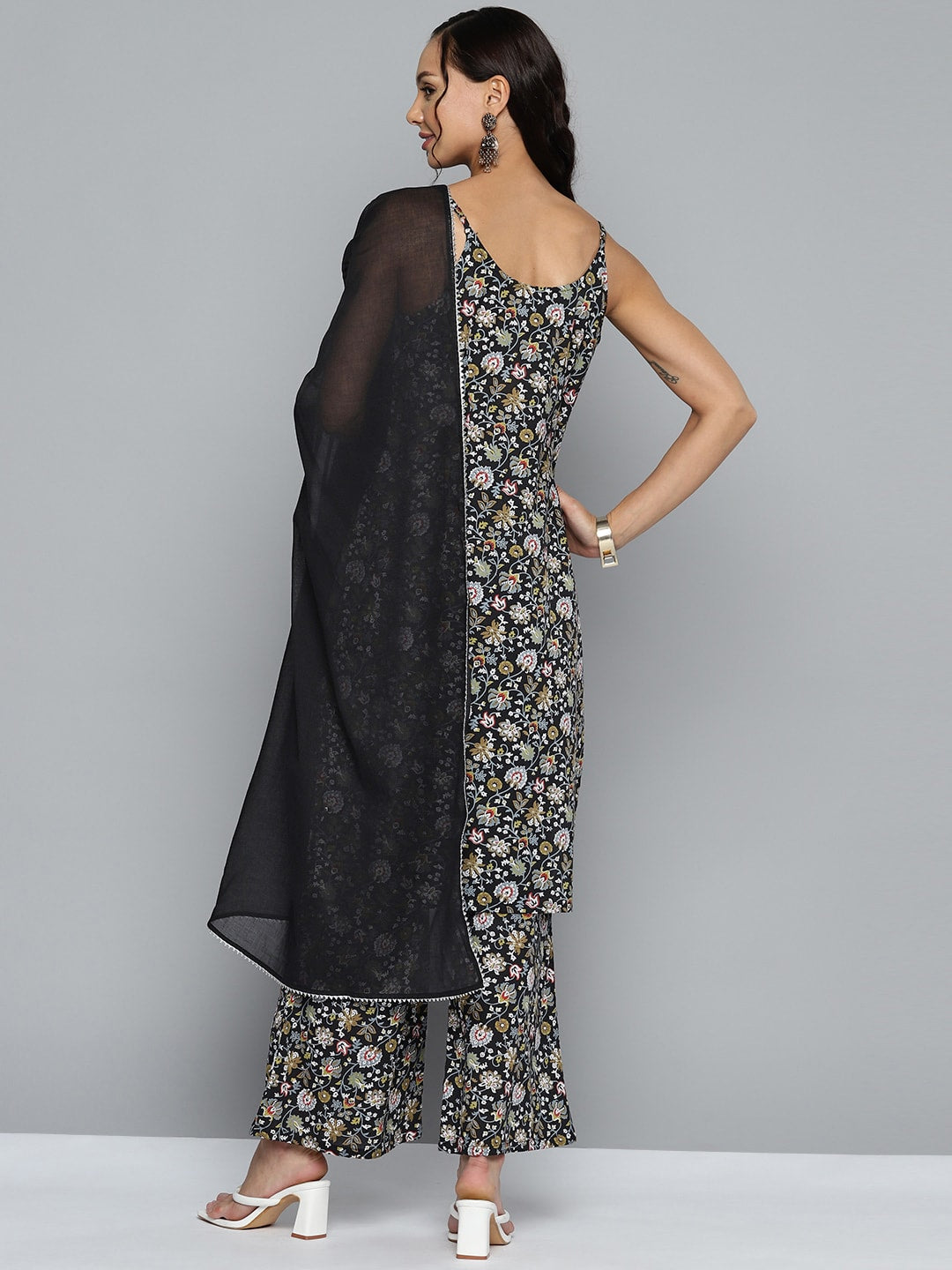 HERE&NOW Women Floral Printed Regular Pure Cotton Kurta with Palazzos & Dupatta | Grocsy