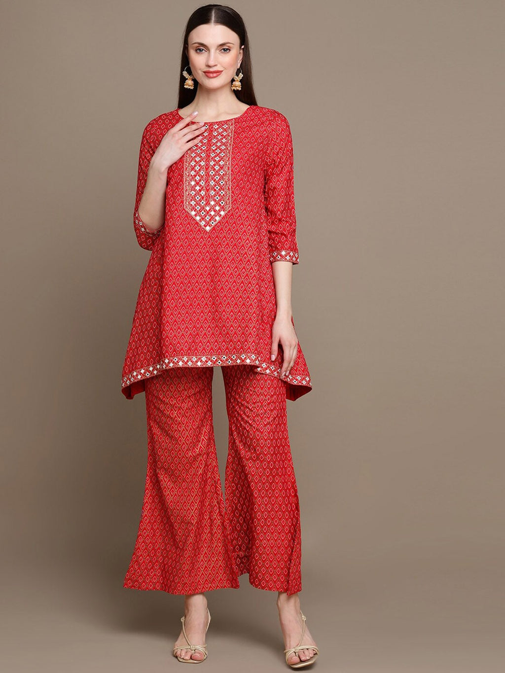 HERE&NOW Embroidered Ethnic Motifs Printed Mirror Work Asymmetric Kurti with Palazzos | Grocsy