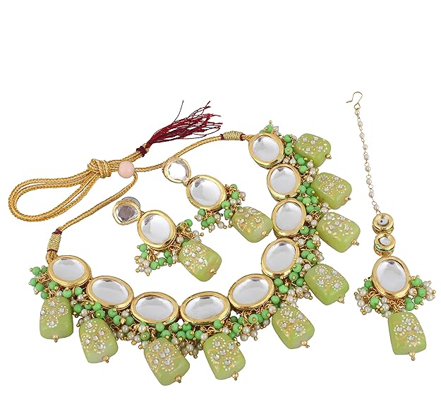 Tehzeeb Creations Back Meenakari Gold-Polished Green Color Tika Earring Jewellery Set Uncut Kundan Big Faux Kundan Dibbi Kundan Choker Necklace Set | Grocsy