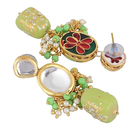 Tehzeeb Creations Back Meenakari Gold-Polished Green Color Tika Earring Jewellery Set Uncut Kundan Big Faux Kundan Dibbi Kundan Choker Necklace Set | Grocsy