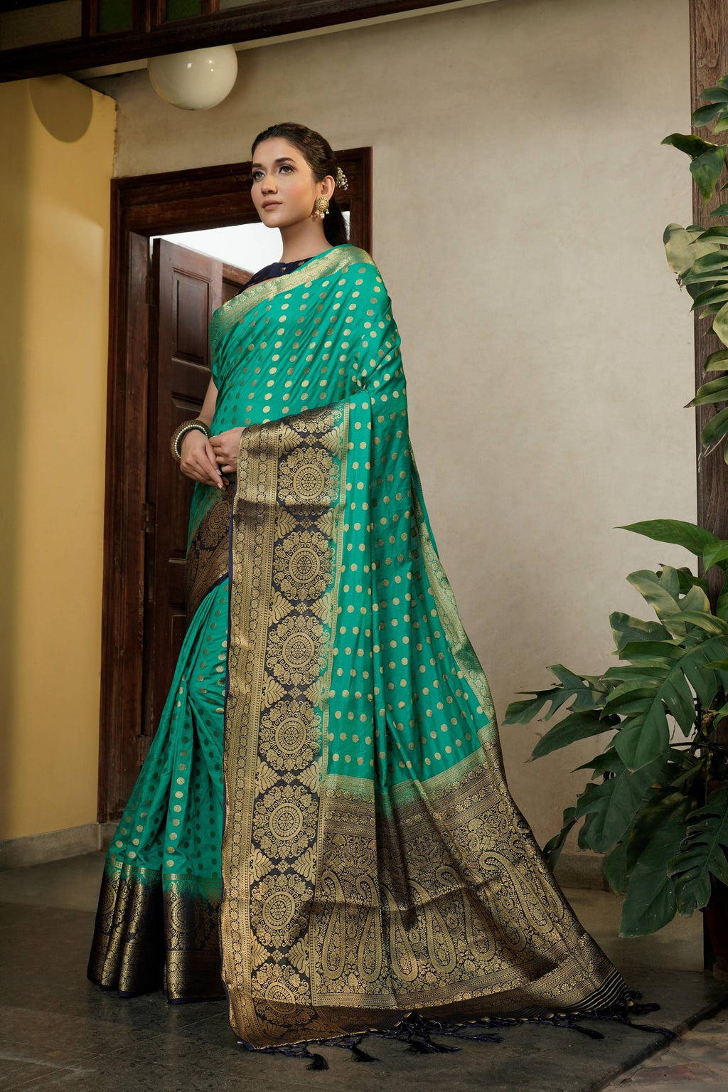 Vardha Teal Green Golden Zari Banarasi Raw Silk Saree | Grocsy
