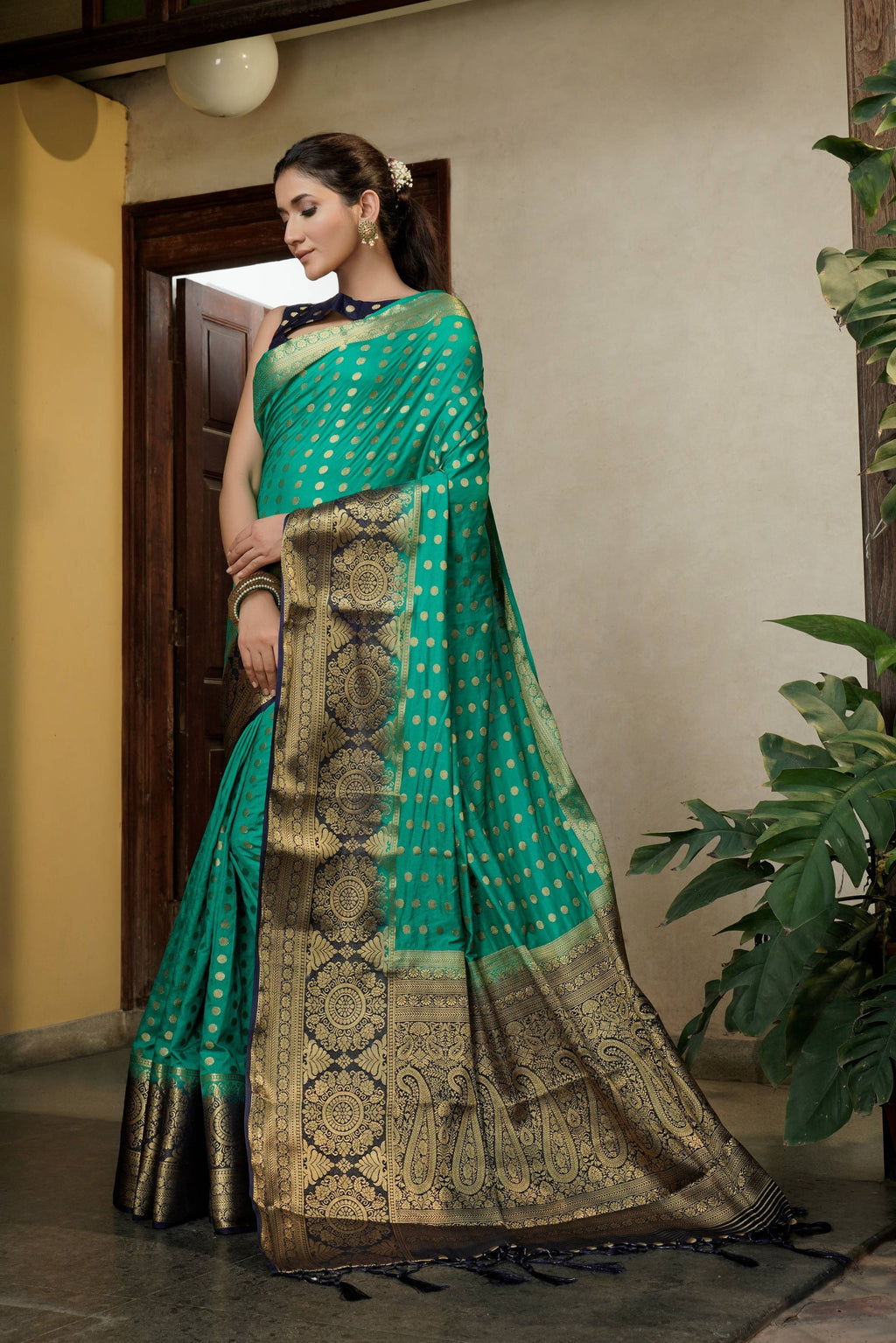 Vardha Teal Green Golden Zari Banarasi Raw Silk Saree | Grocsy