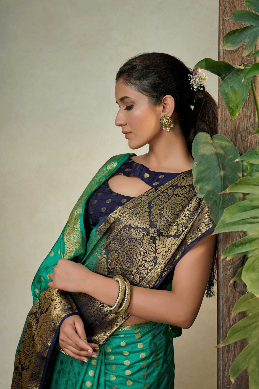 Vardha Teal Green Golden Zari Banarasi Raw Silk Saree | Grocsy