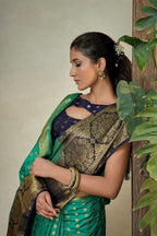 Vardha Teal Green Golden Zari Banarasi Raw Silk Saree | Grocsy
