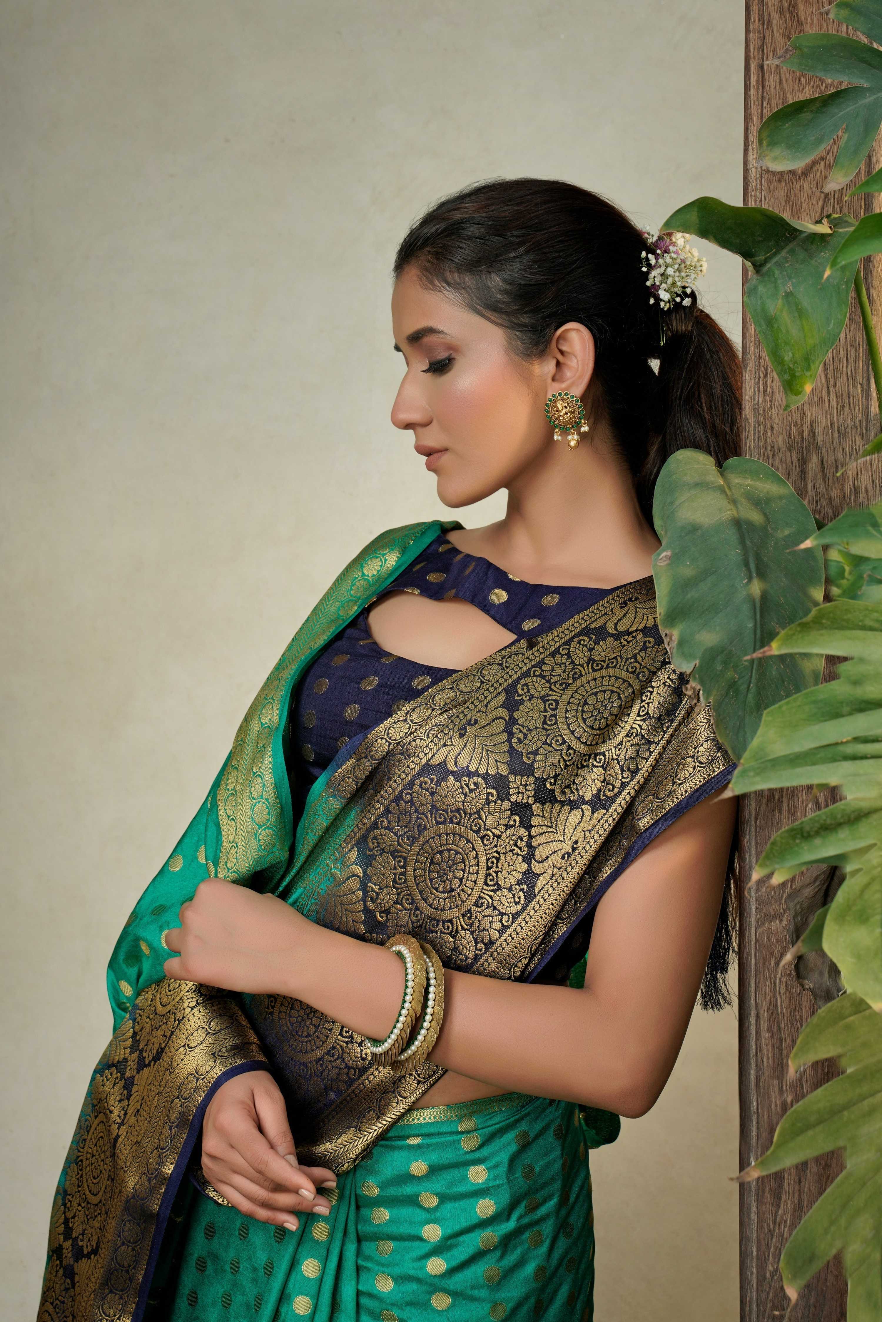 Vardha Teal Green Golden Zari Banarasi Raw Silk Saree | Grocsy