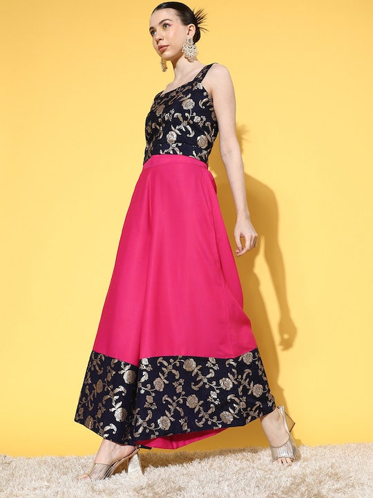 InWeave Women's Blue Brocade Strappy Top W Fuchsia Blue Brocade Palazzo Set | Grocsy