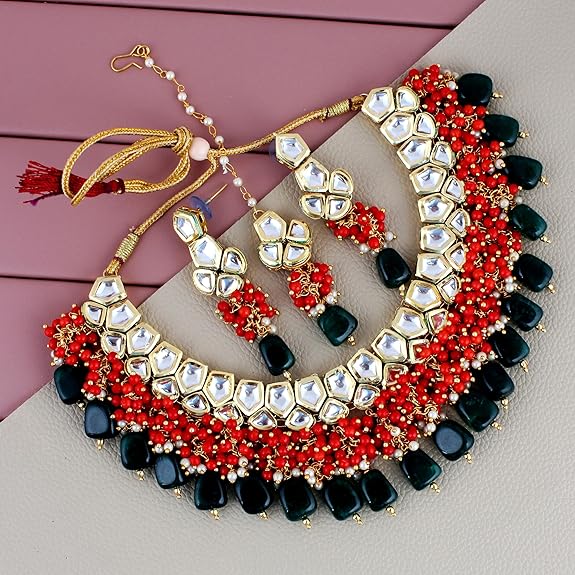 Tehzeeb Creations Meenakari Gold-Polished pentagon shape Uncut Kundan Necklace Set | Grocsy