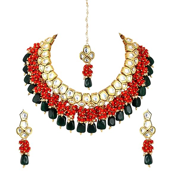 Tehzeeb Creations Meenakari Gold-Polished pentagon shape Uncut Kundan Necklace Set | Grocsy