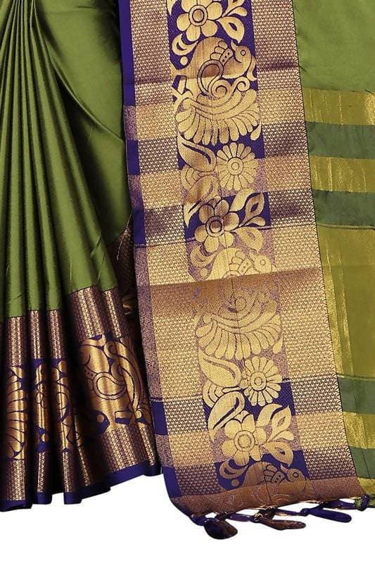 Vamika Banarasi Cotton Silk Weaving Green Saree (DOCTOR MOR GREEN) | Grocsy