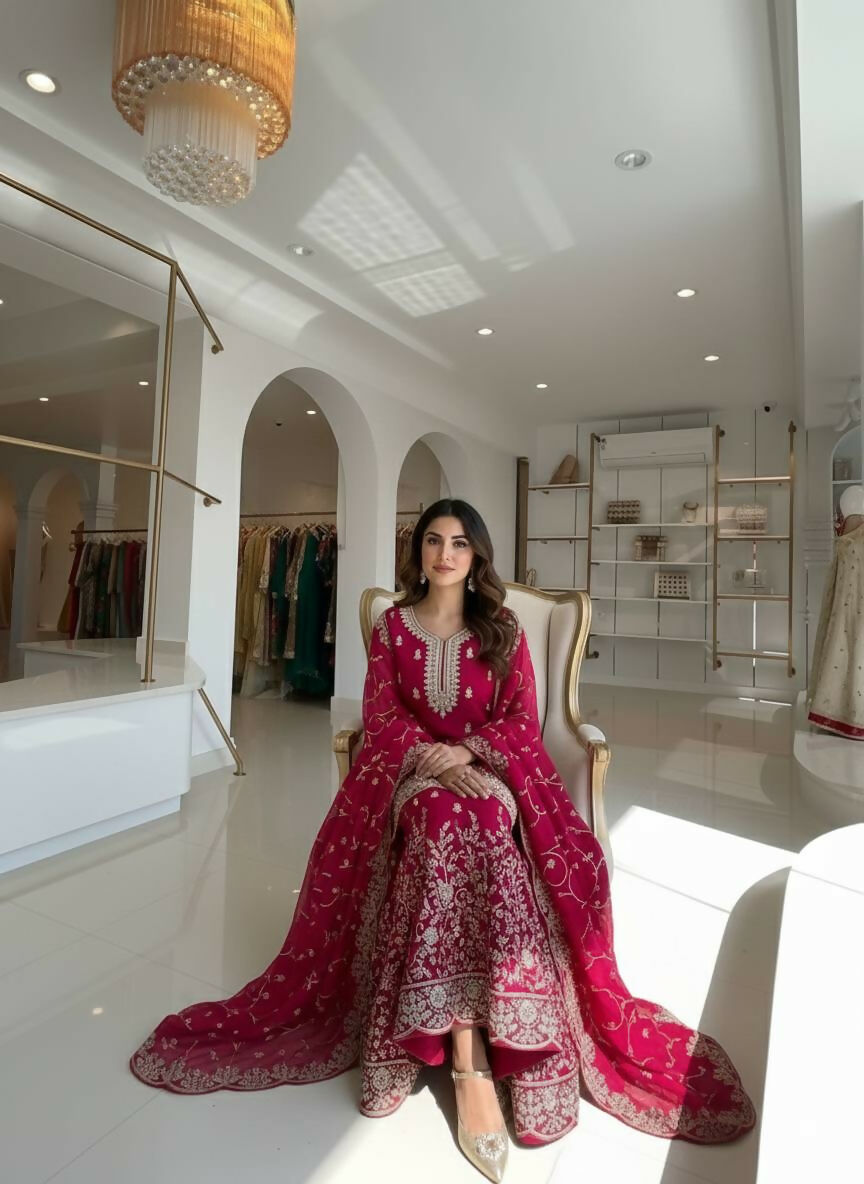 Teeya Creation Rani Pure Silk Gimmy Silk Heavy Embroidery Work Wedding Wear Palazzo Pair | Grocsy