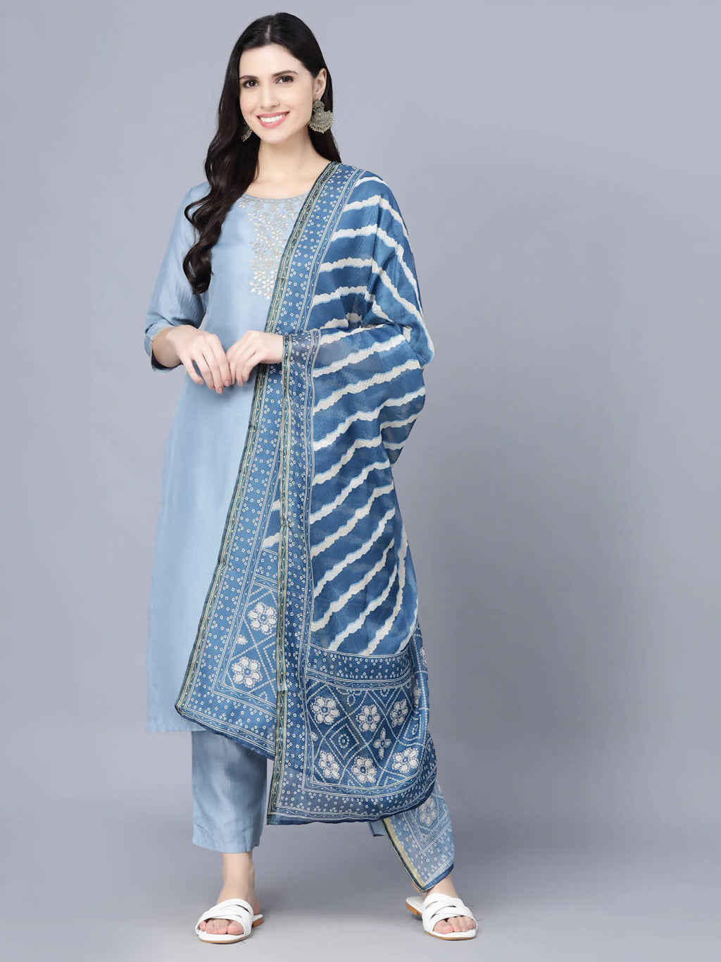 Myshka Women Blue Ethnic Motifs Panelled Kurta with Trousers With Dupatta | Grocsy