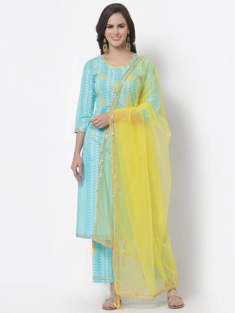 Myshka Women's Cotton Printed 3/4 Sleeve Round Neck Casual Kurta Pant Dupatta Set | Grocsy