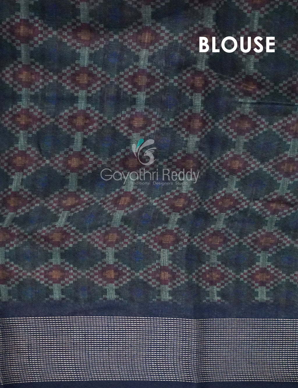 Dark Green and Navy Blue Geometrical Print Semi Chanderi Saree By Gayathri Reddy Designer Studio | Grocsy