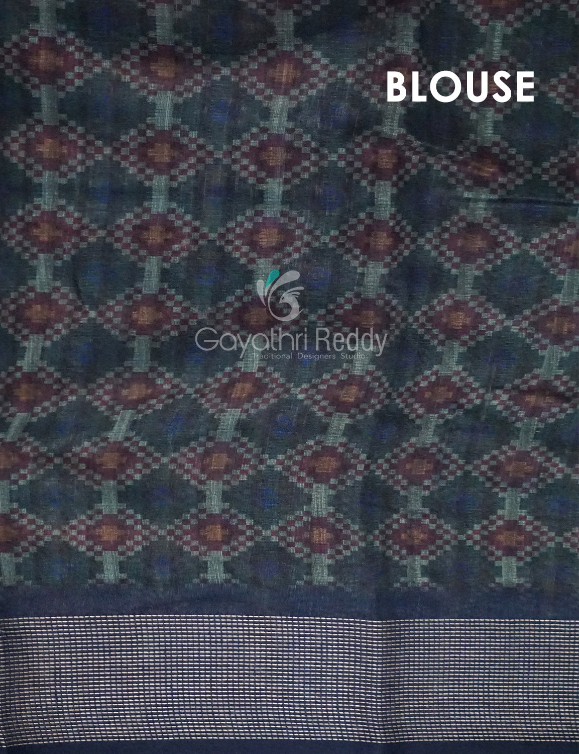 Dark Green and Navy Blue Geometrical Print Semi Chanderi Saree By Gayathri Reddy Designer Studio | Grocsy