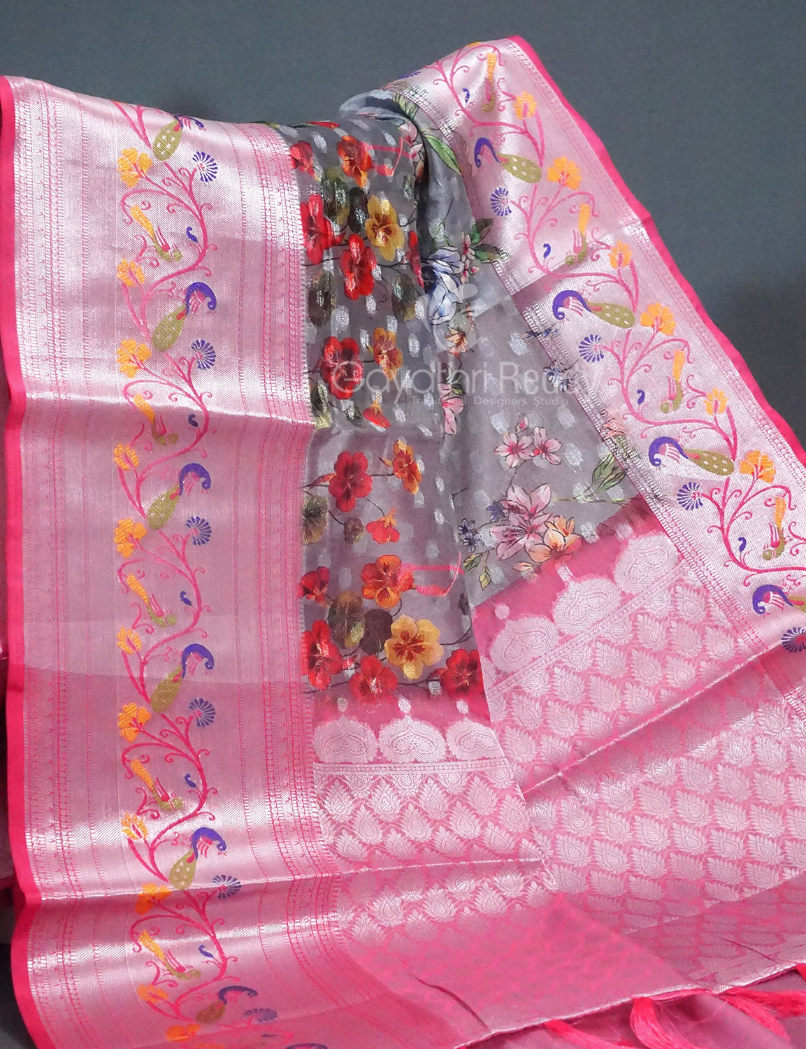 Shades of Grey Colour Floral Design Banaras Semi Silk Saree By Gayathri Reddy Designer Studio | Grocsy