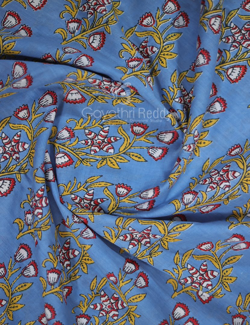 Cloud Blue Coloured Combination Printed Cotton Saree By Gayathri Reddy Designer Studio | Grocsy