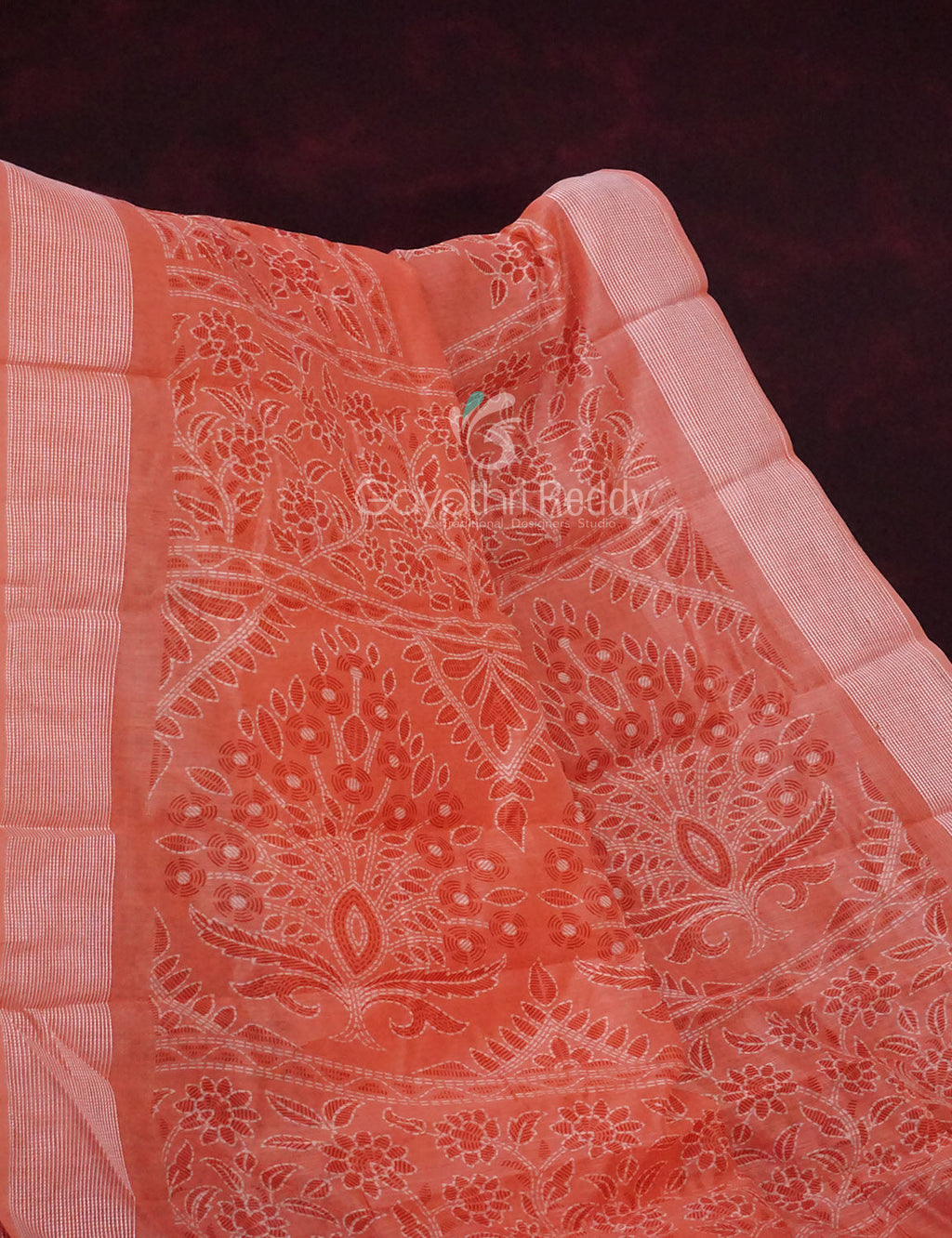Mix of Peach and Orange Block Printed Semi Chanderi Saree By Gayathri Reddy Designer Studio | Grocsy