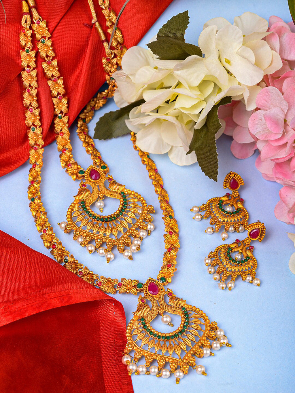 Saraf RS Jewellery Gold-Polished Red & Green Bridal Temple Jewellery Set | Grocsy