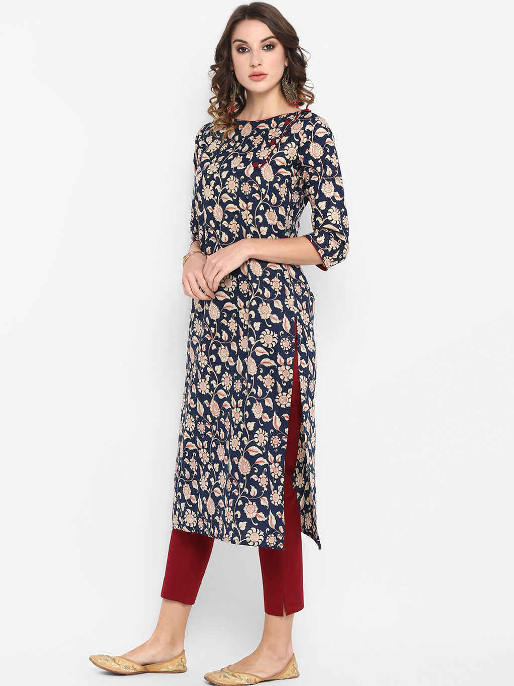 Janasya Women Navy Blue Ethnic Motifs Printed Regular Pure Cotton Kurta with Trousers | Grocsy