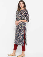 Janasya Women Navy Blue Ethnic Motifs Printed Regular Pure Cotton Kurta with Trousers | Grocsy