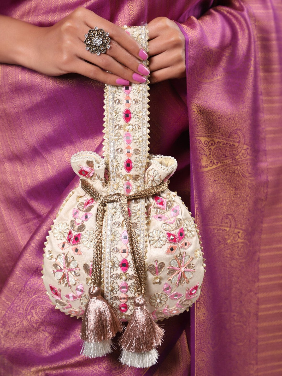 Masq Beige & Pink Embroidered Potli Clutch | Grocsy
