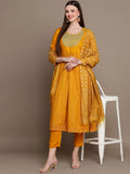 HERE&NOW Ethnic Motifs Embroidered Mirror Work Yoke Anarkali Kurta with Trousers & Dupatta | Grocsy