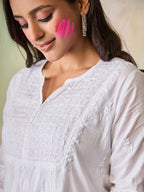 HOUSE OF KARI Notched Neck Ethnic Motifs Embroidered Chikankari Cotton Kurta | Grocsy