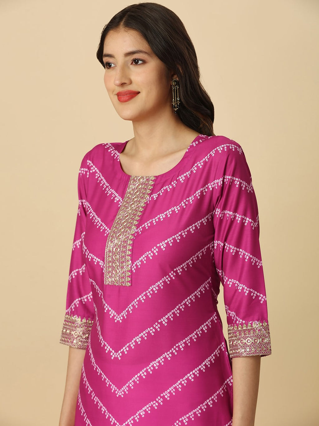 HERE&NOW Pink & White Bandhani Printed Sequinned Straight Kurta | Grocsy