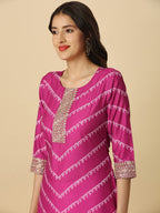 HERE&NOW Pink & White Bandhani Printed Sequinned Straight Kurta | Grocsy