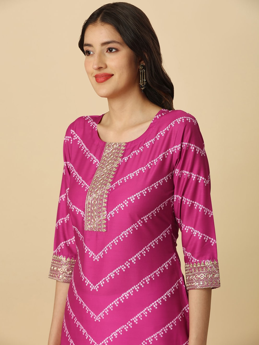 HERE&NOW Pink & White Bandhani Printed Sequinned Straight Kurta | Grocsy