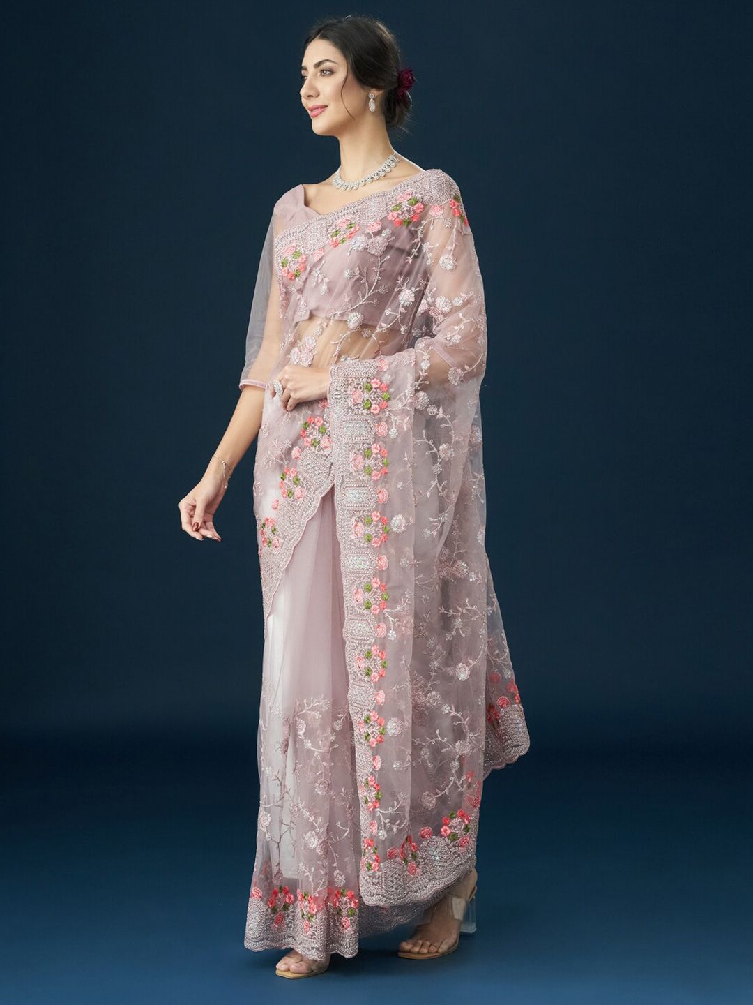 kasee Floral Embroidered Net Saree | Grocsy