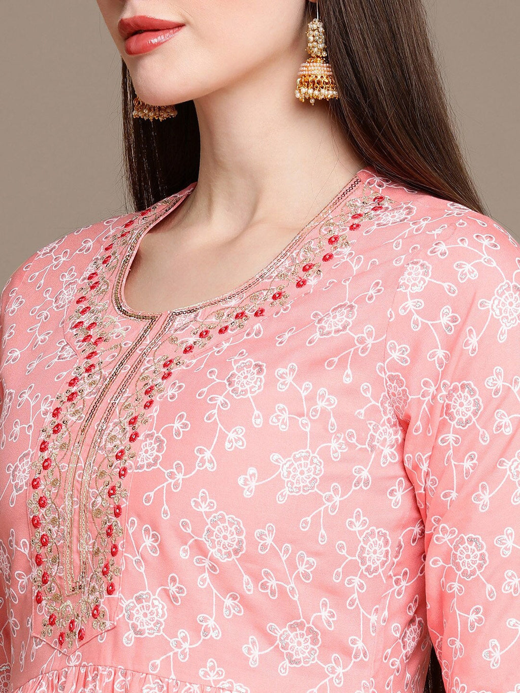 HERE&NOW Floral Printed Embroidered Sequinned High-Low Kurti with Trouserss | Grocsy