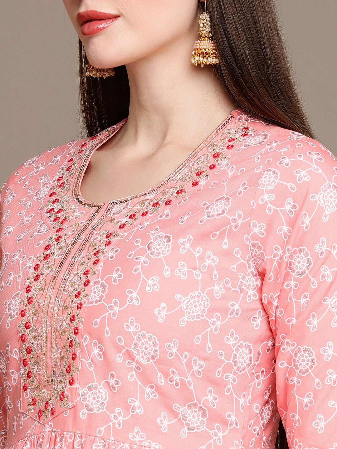 HERE&NOW Floral Printed Embroidered Sequinned High-Low Kurti with Trouserss | Grocsy