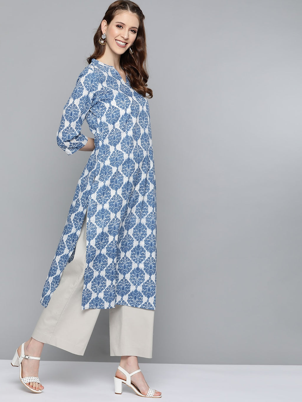 HERE&NOW Women Blue & White Printed Straight Kurta | Grocsy