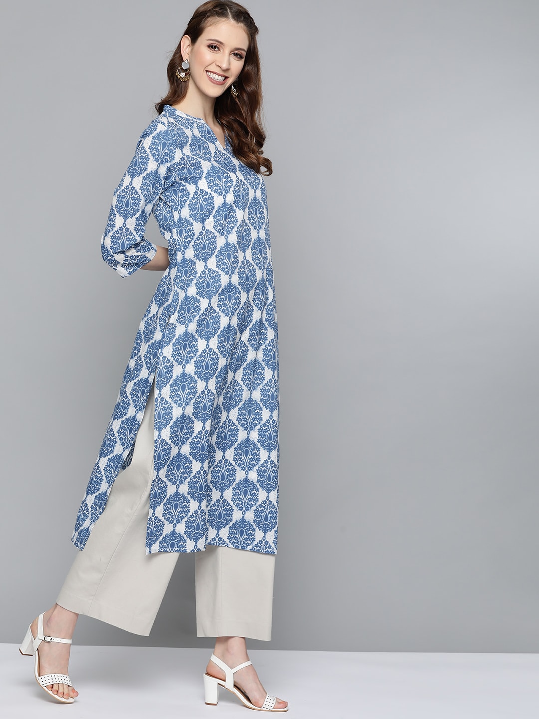 HERE&NOW Women Blue & White Printed Straight Kurta | Grocsy