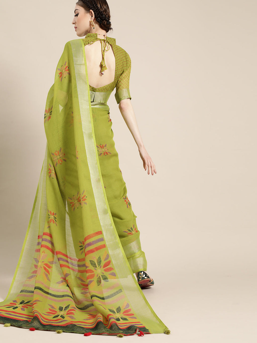 Saree Mall Saree Mall Elegant Green and Orange Linen Blend Saree | Grocsy