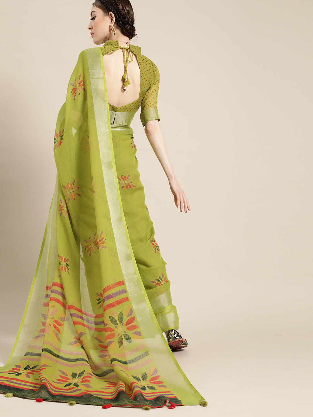 Saree Mall Saree Mall Elegant Green and Orange Linen Blend Saree | Grocsy