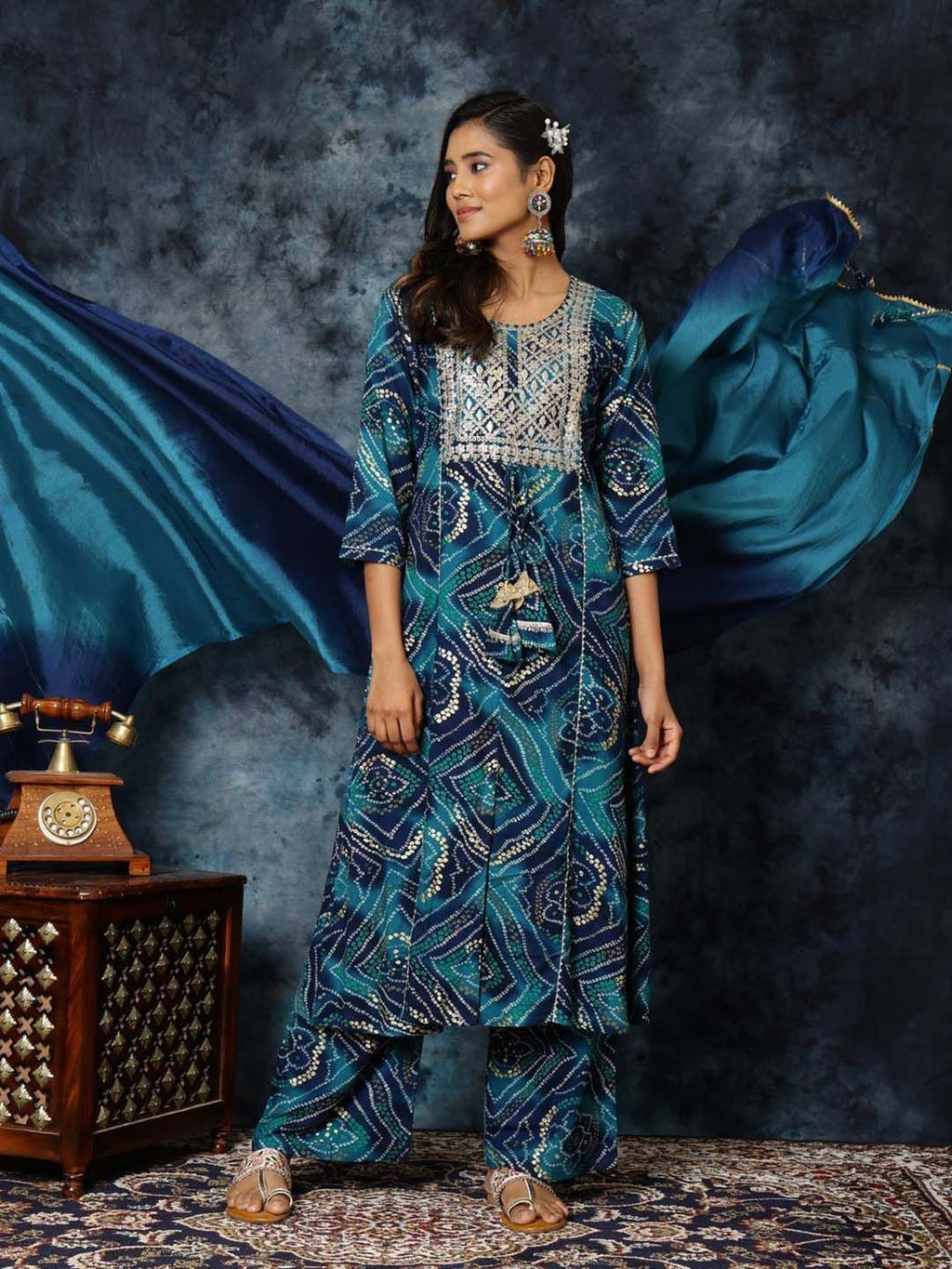 Sangria Bandhani Print & Embroidered Kurta Palazzo & Dupatta Set | Grocsy