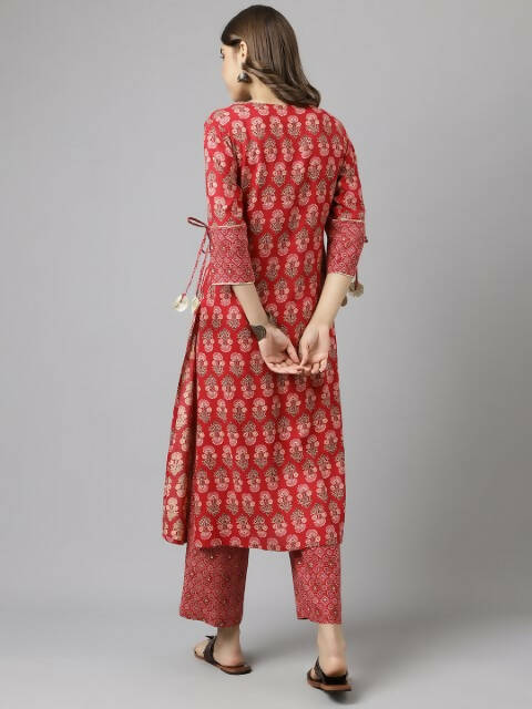 FIORRA Women's Red Cotton A-Line Kurta Set | Grocsy