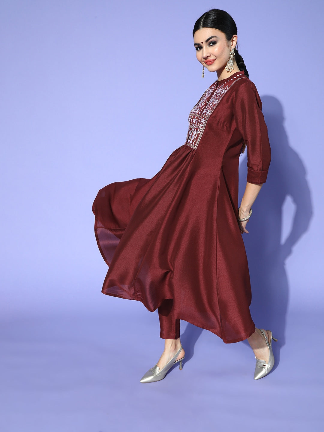 Sangria Women Maroon Ethnic Motifs Embroidered Yoke Design A-Line Kurta with Trousers | Grocsy