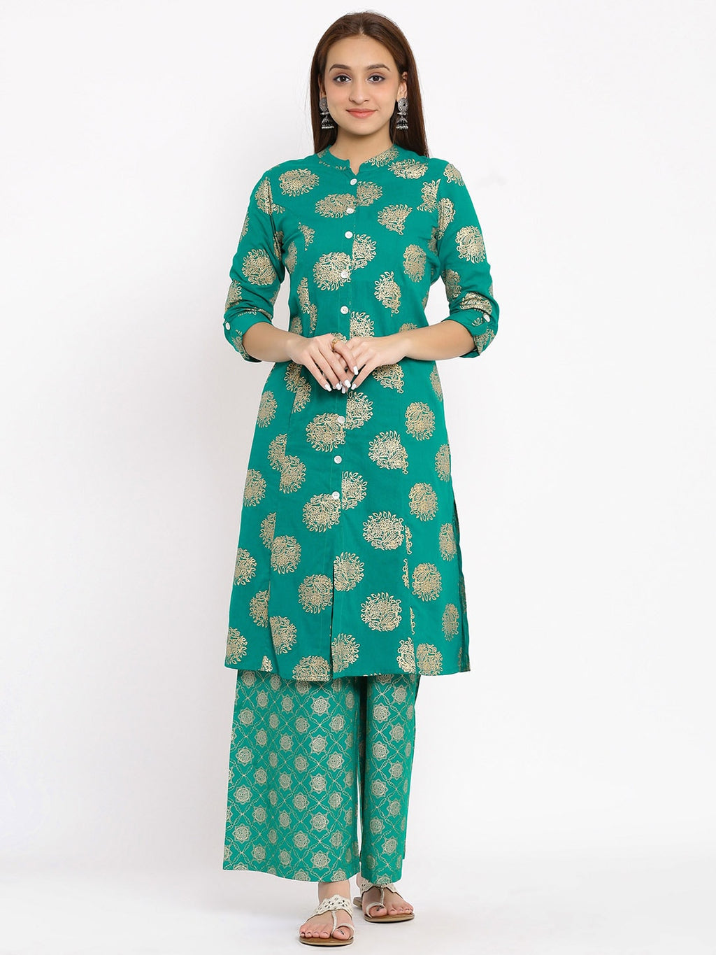 HERE&NOW Green Mandarin Collar Ethnic Motifs Printed A-Line Kurta | Grocsy