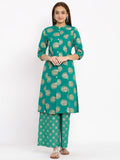 HERE&NOW Green Mandarin Collar Ethnic Motifs Printed A-Line Kurta | Grocsy