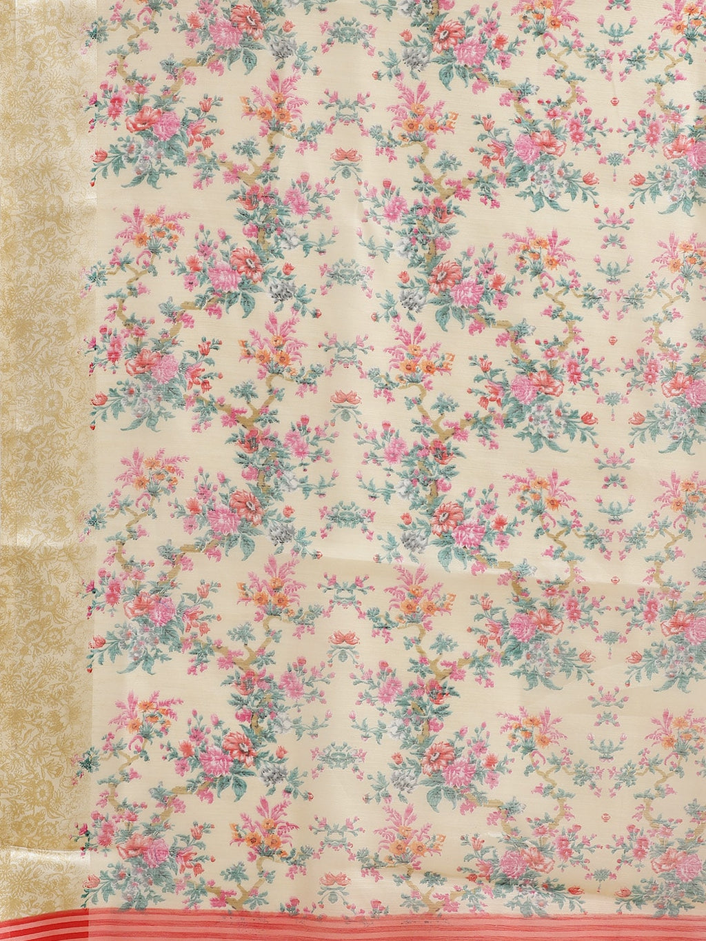 Saree Mall Cream-Coloured & Pink Floral Print Saree | Grocsy