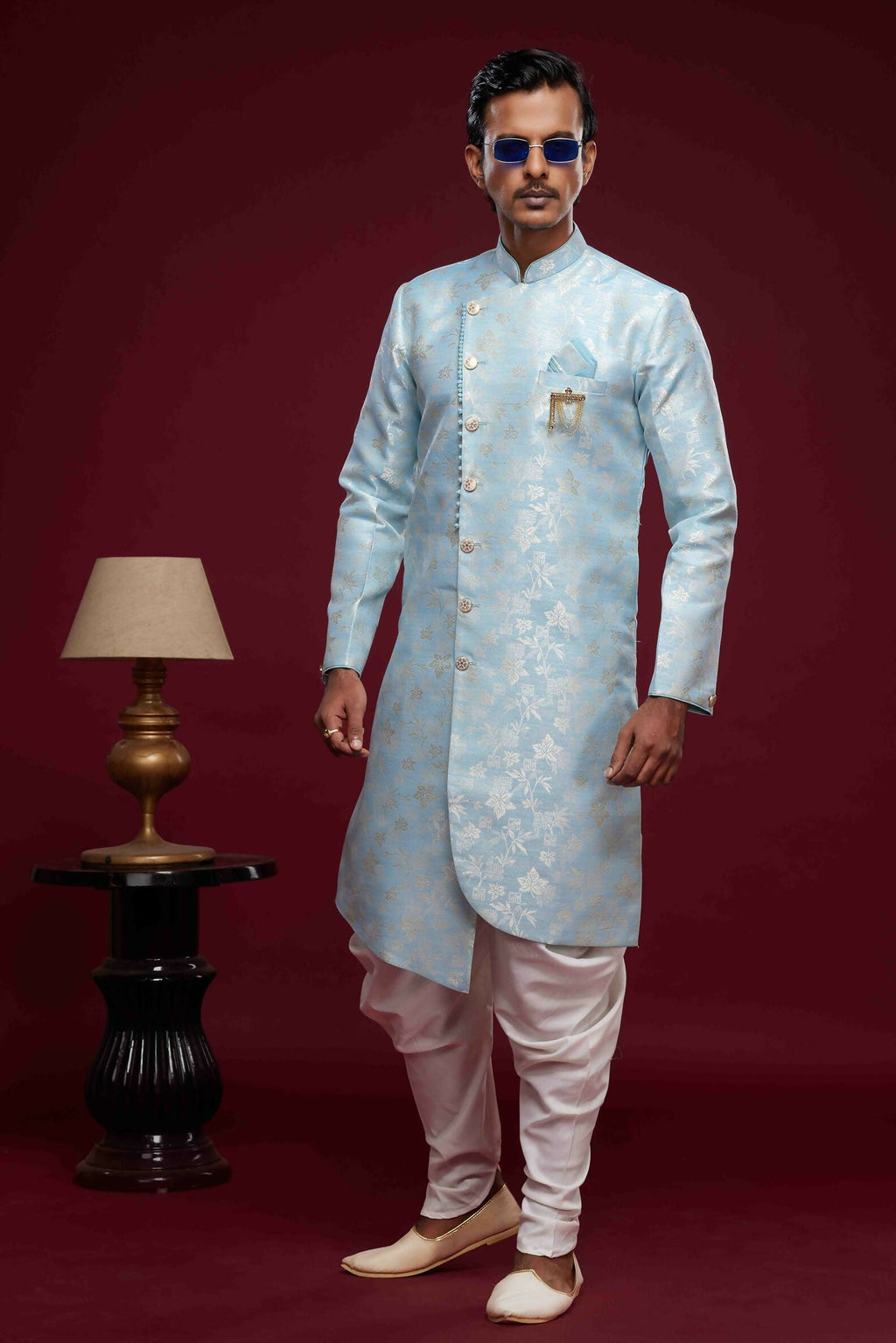 Raivat Ethnic Banarasi Jacquard Embroidery Semi Indo Western Sherwani In Sky Blue Colour | Grocsy