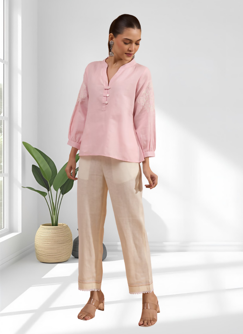 Joban Fashion Pink Cotton, Linen Embroidered Readymade Tunic | Grocsy