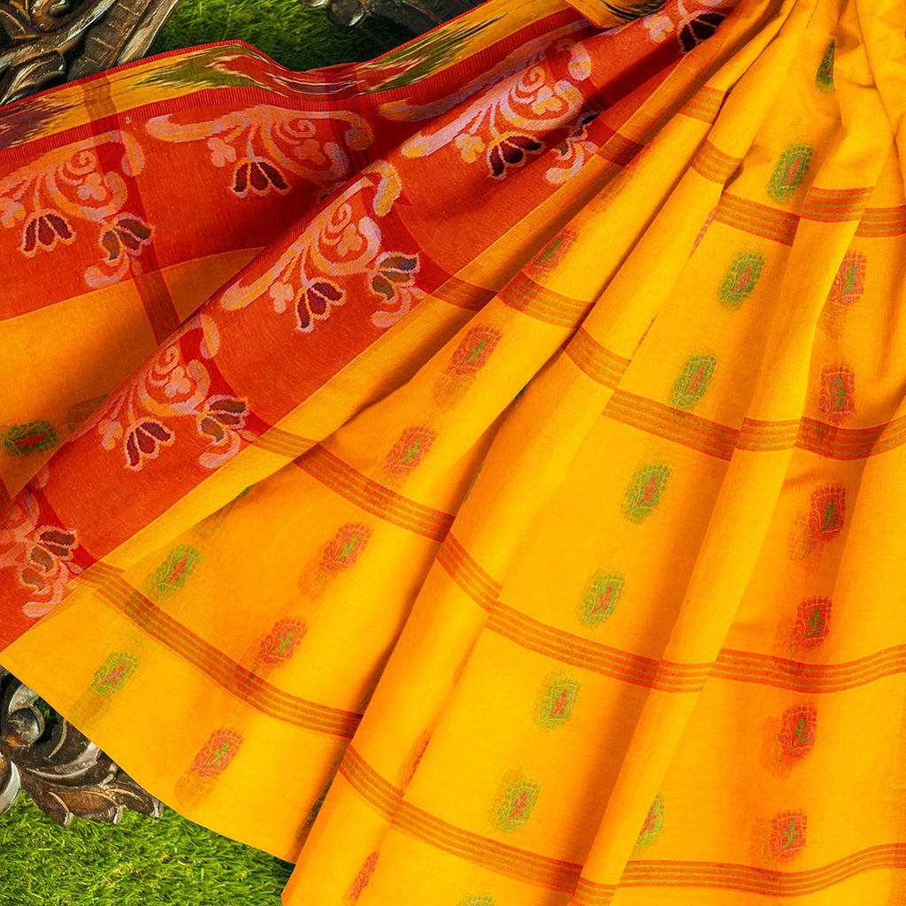 Exclusive Collection 100% Pure Cotton Yellow Tant Saree With Hand Weaving Work | Grocsy