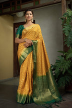 Vardha Scarlet Yellow Golden Zari Banarasi Raw Silk Saree | Grocsy