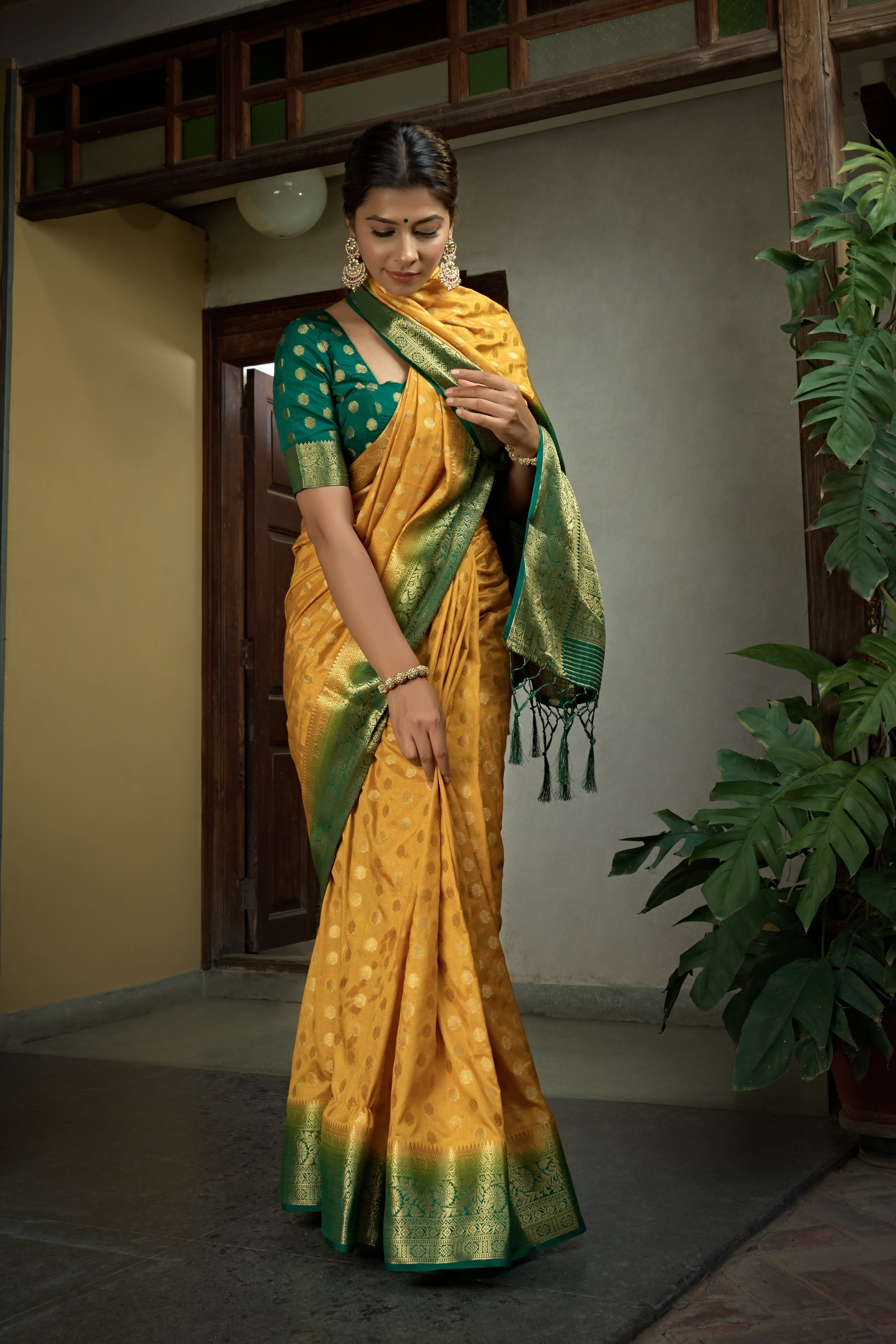 Vardha Scarlet Yellow Golden Zari Banarasi Raw Silk Saree | Grocsy
