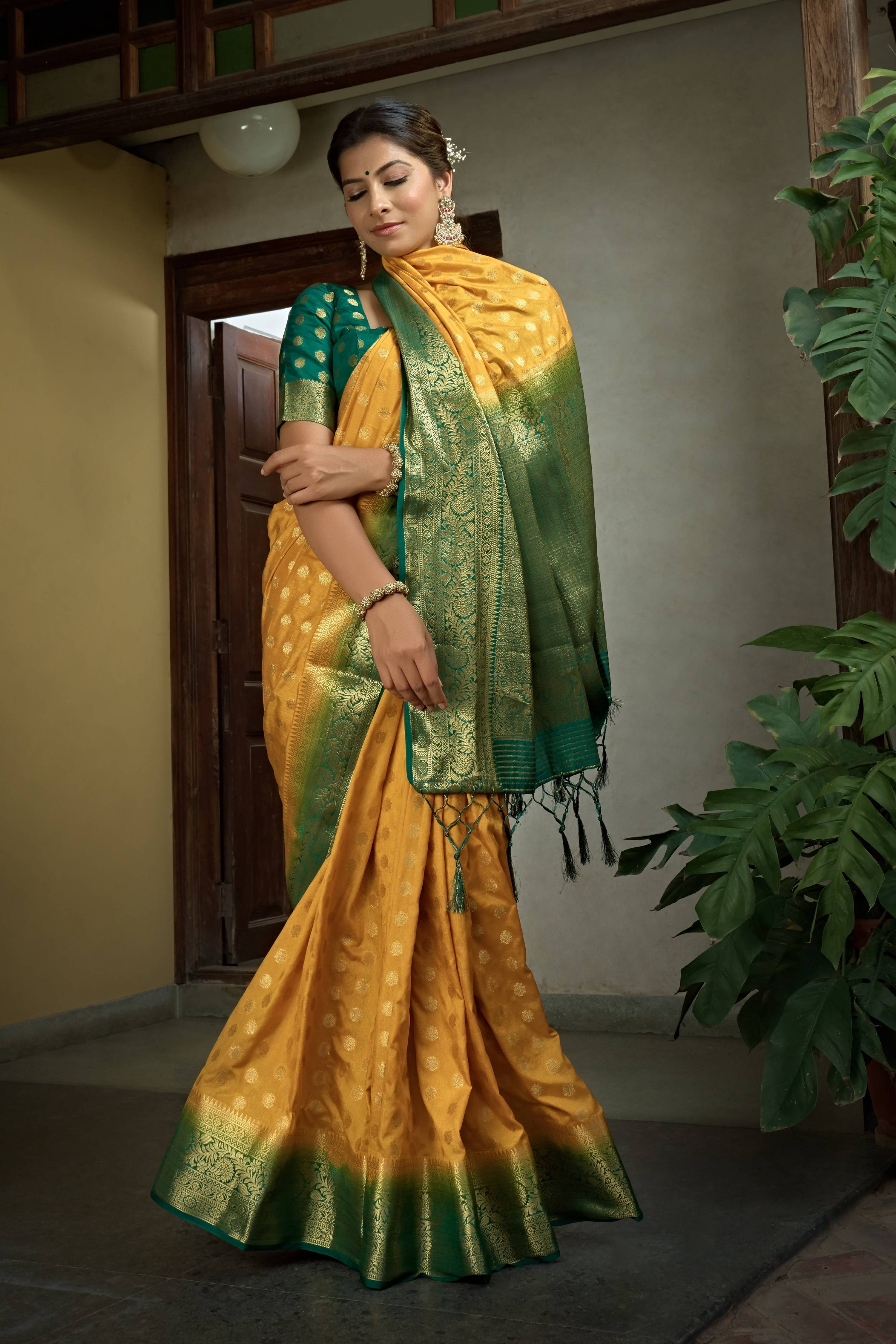 Vardha Scarlet Yellow Golden Zari Banarasi Raw Silk Saree | Grocsy